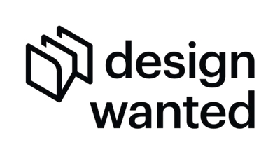 Logo with 'design wanted' text on a white background