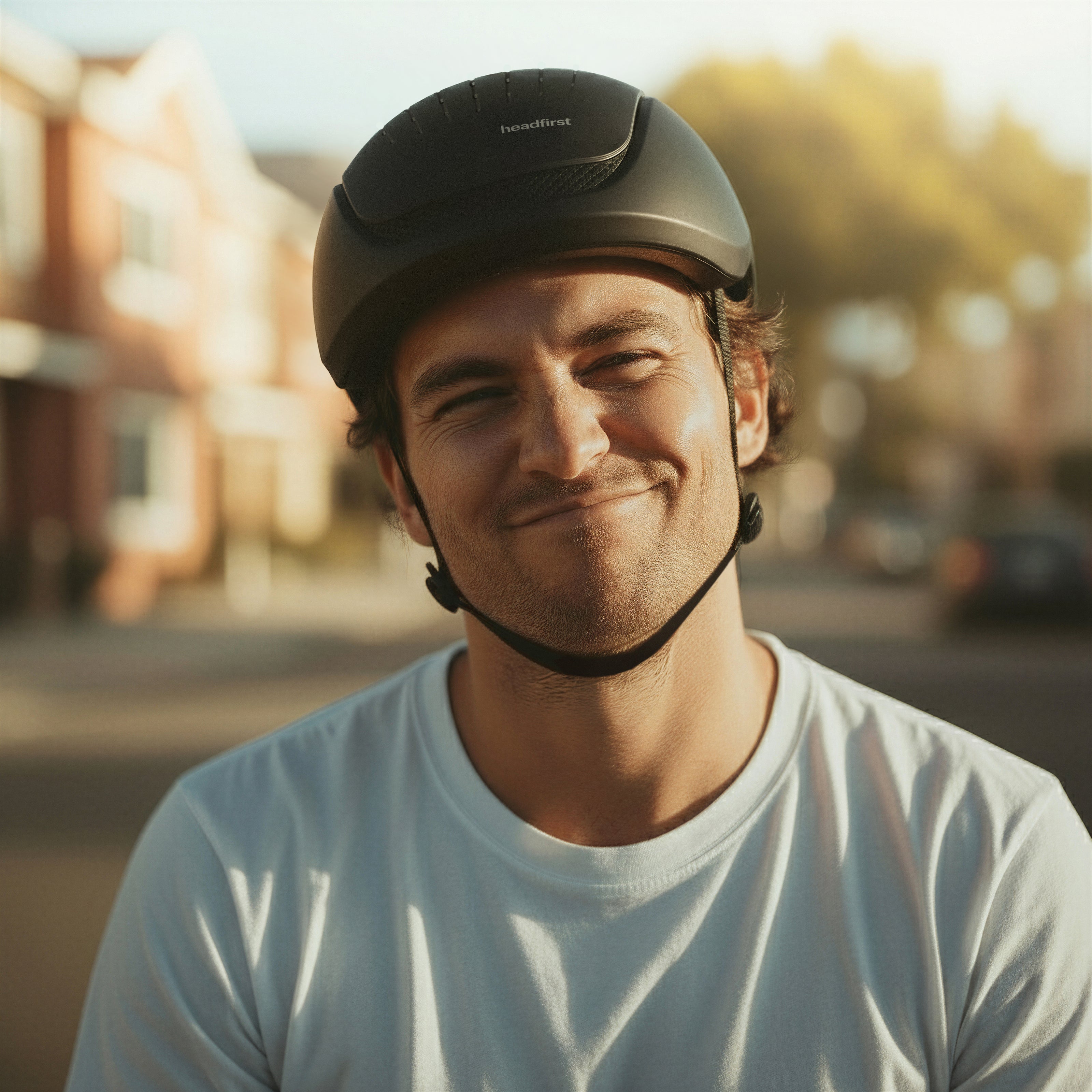 Man wearing a headfirst helmets Echo Pro matt black with SafeFit. Top view. on a street with a blurred background
